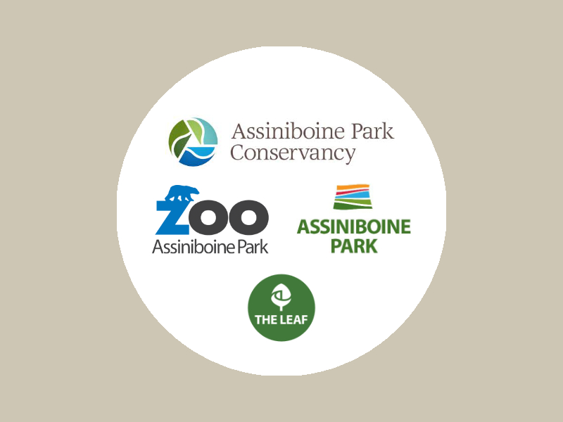 Logos for Assiniboine Park Conservancy, Zoo, Park and The Leaf